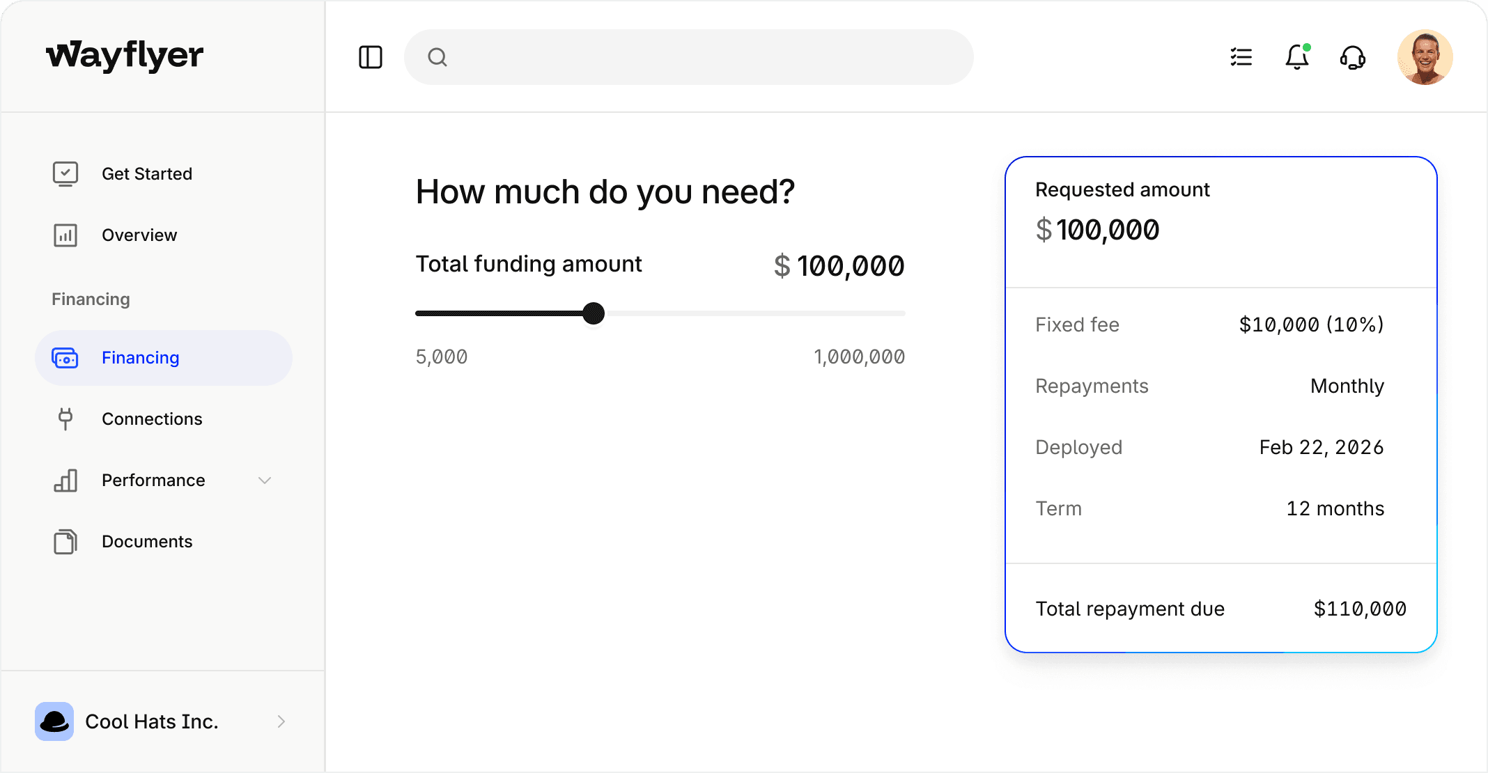 Wayflyer platform dashboard